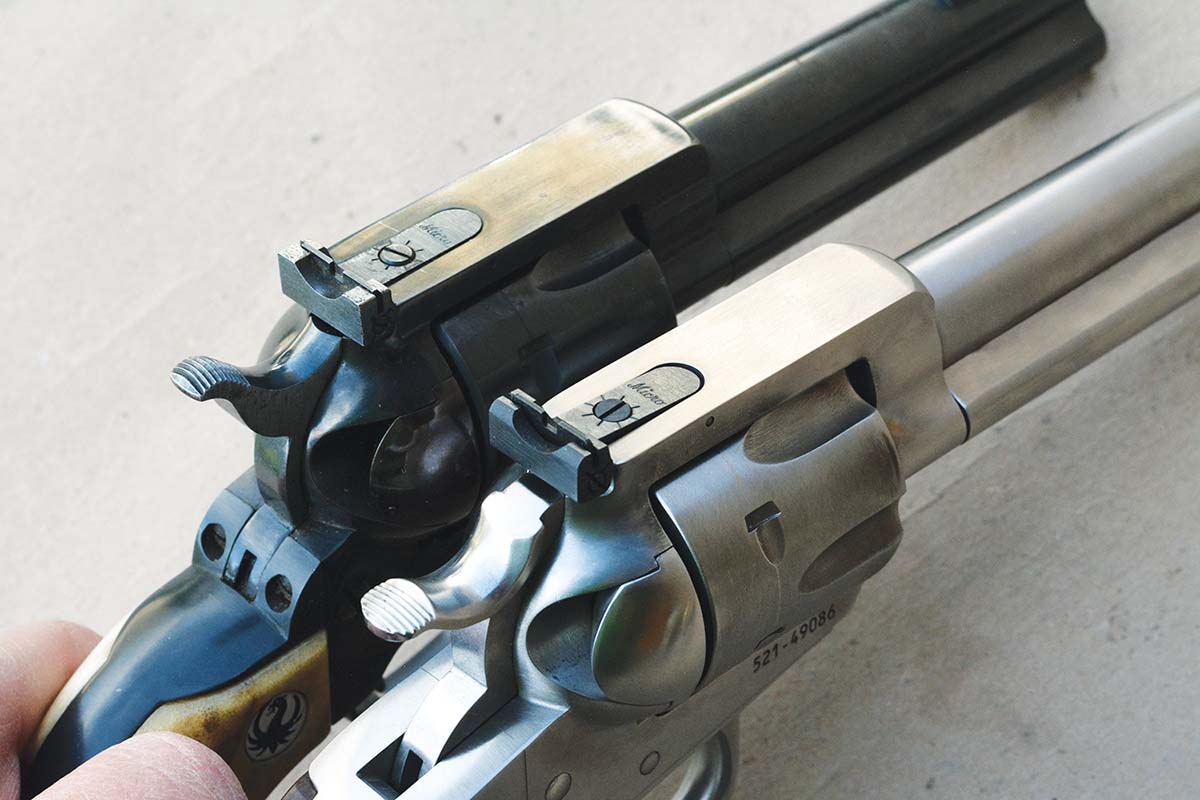 The original Ruger 357 Blackhawk (top) and the new Lipsey’s exclusive New Model Blackhawk 41 Magnum (bottom) each feature a flattop frame with Micro rear sight.
